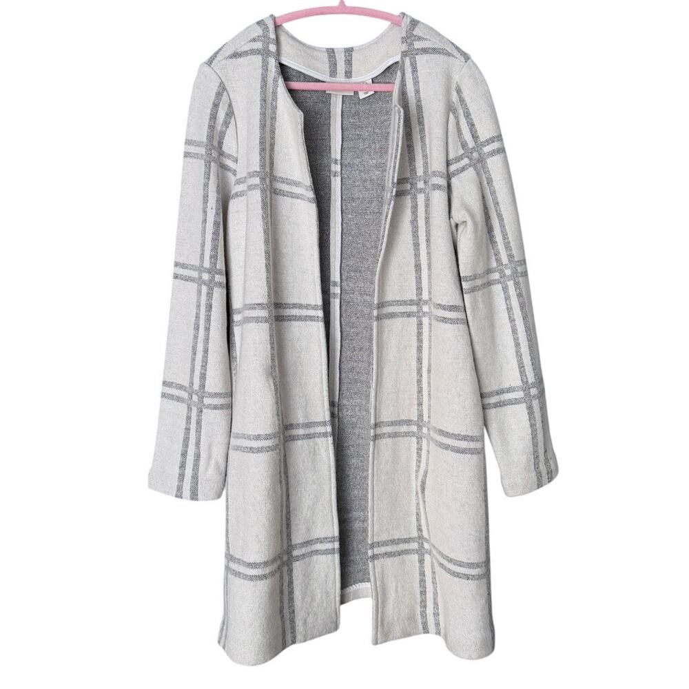 Adrienne Vittadini Wool-Blend Cardigan Women's L Open Front Plaid Neutral Layer